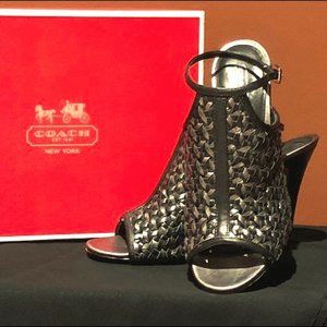 Coach Pewter/Black Peep Toe Heels with Ankle Strap